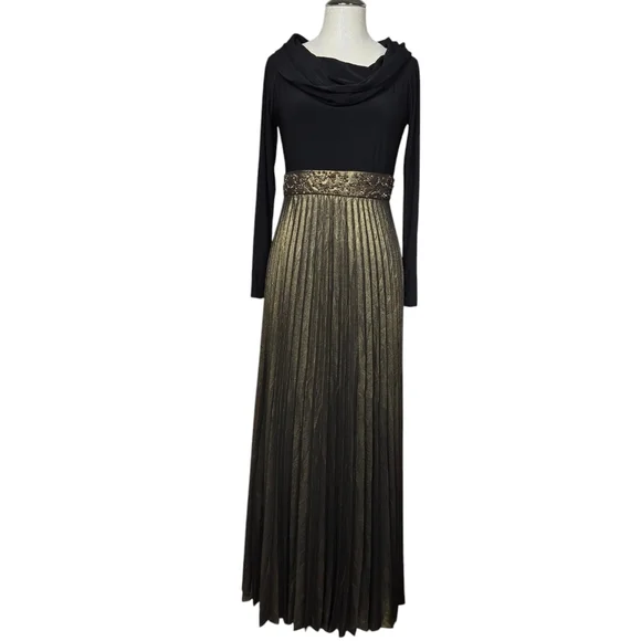 Kay Unger | Dresses | Kay Unger Black Off Shoulder Gold Accordion Pleat Long  Sleeves Maxi Dress 6 | Poshmark